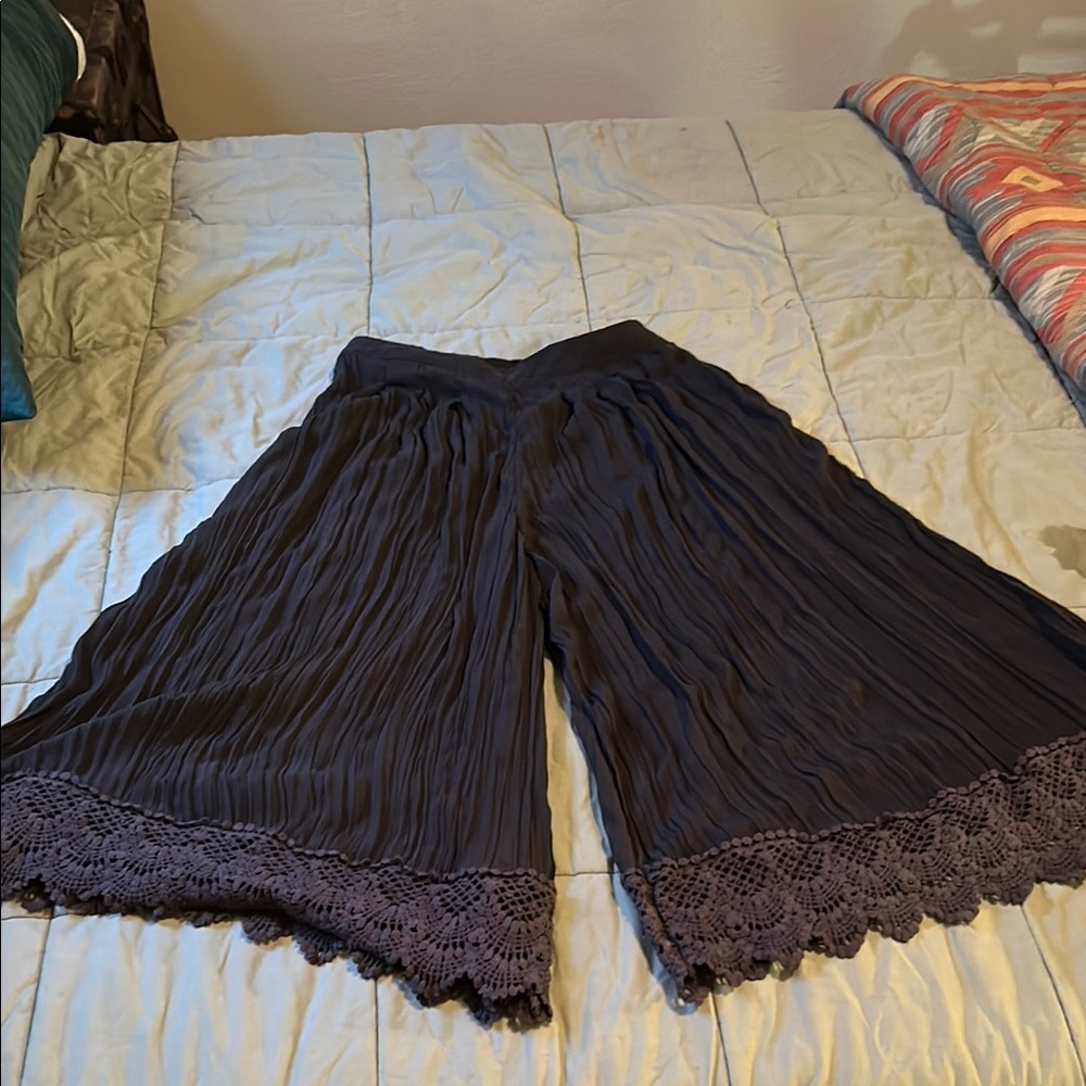 Free people dark purple Pleated Wide-Leg Pants with Lace Trim